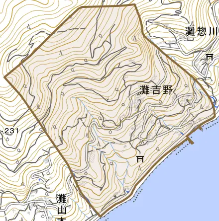 灘吉野とその周辺の地図。町の範囲を重ねている