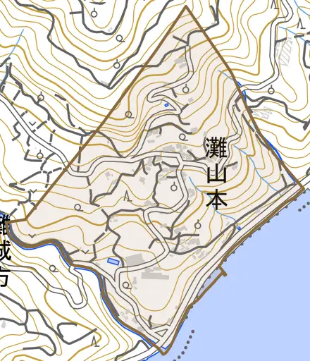 灘山本とその周辺の地図。町の範囲を重ねている