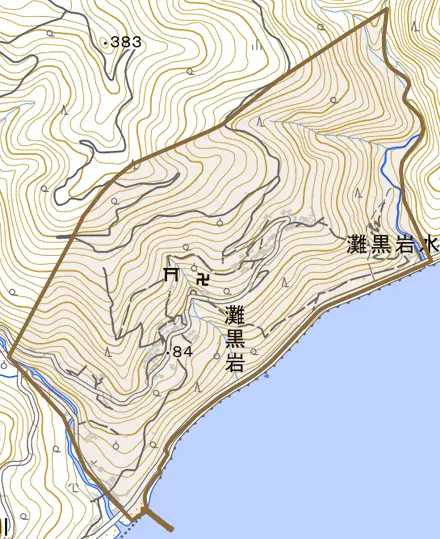 灘黒岩とその周辺の地図。町の範囲を重ねている