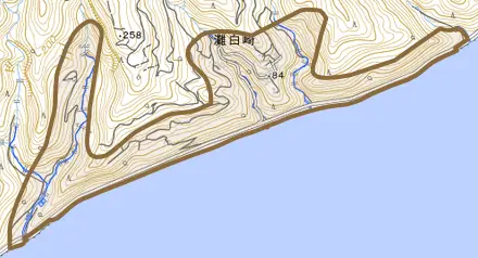 灘白崎とその周辺の地図。町の範囲を重ねている