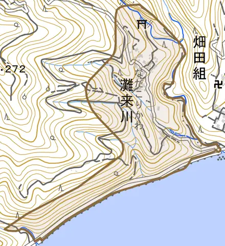 灘来川とその周辺の地図。町の範囲を重ねている