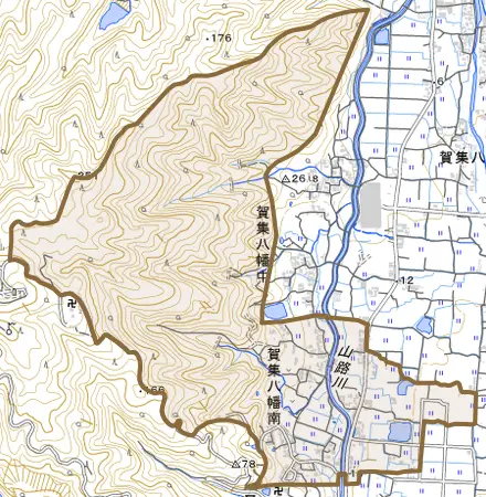 賀集八幡南とその周辺の地図。町の範囲を重ねている