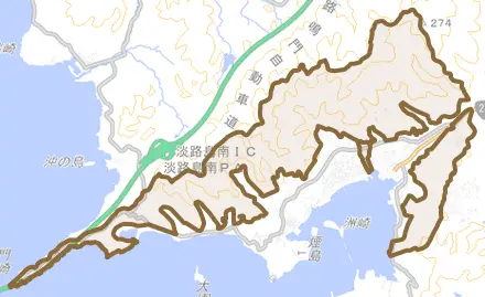 福良とその周辺の地図。町の範囲を重ねている