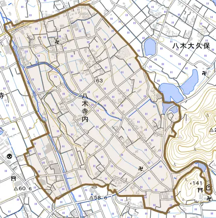 八木寺内とその周辺の地図。町の範囲を重ねている