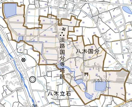八木国分とその周辺の地図。町の範囲を重ねている