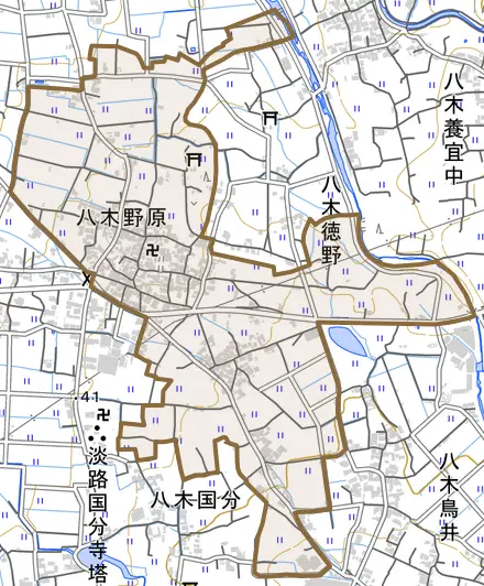 八木野原とその周辺の地図。町の範囲を重ねている