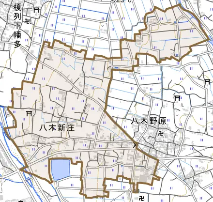 八木新庄とその周辺の地図。町の範囲を重ねている