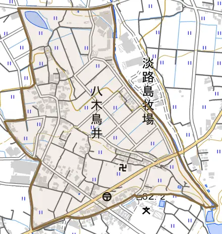 八木鳥井とその周辺の地図。町の範囲を重ねている