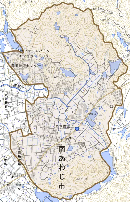 八木養宜上とその周辺の地図。町の範囲を重ねている