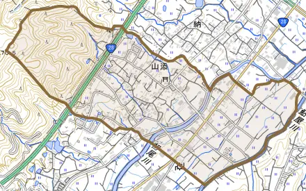 山添とその周辺の地図。町の範囲を重ねている