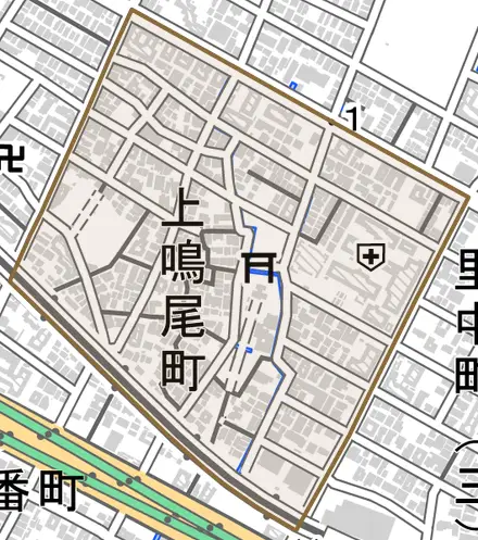 上鳴尾町とその周辺の地図。町の範囲を重ねている