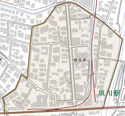相生町とその周辺の地図。町の範囲を重ねている