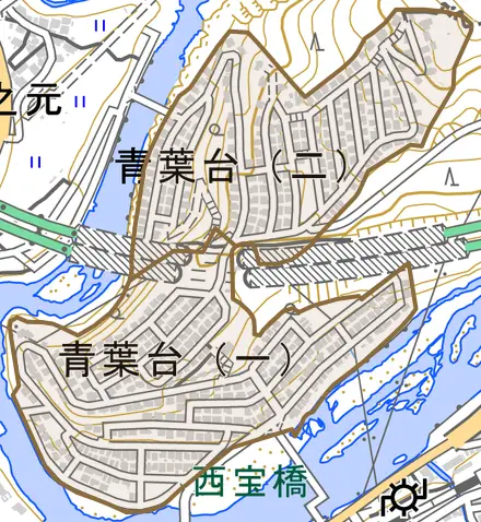 青葉台とその周辺の地図。町の範囲を重ねている