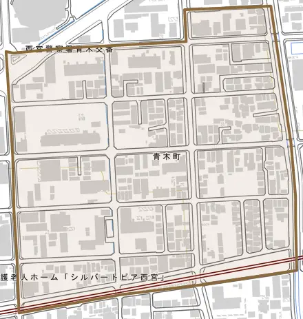 青木町とその周辺の地図。町の範囲を重ねている