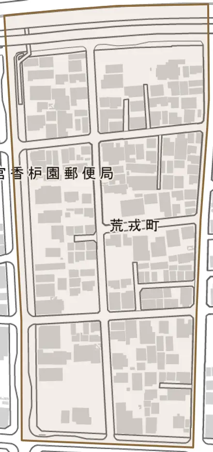 荒戎町とその周辺の地図。町の範囲を重ねている