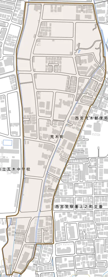 荒木町とその周辺の地図。町の範囲を重ねている