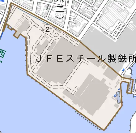 朝凪町とその周辺の地図。町の範囲を重ねている