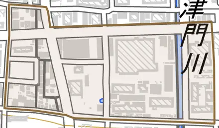 芦原町とその周辺の地図。町の範囲を重ねている