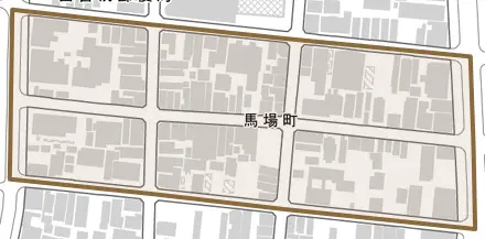馬場町とその周辺の地図。町の範囲を重ねている