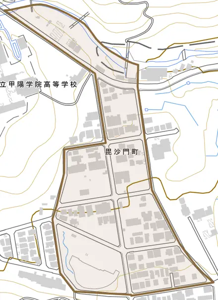 毘沙門町とその周辺の地図。町の範囲を重ねている