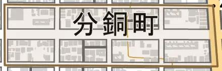 分銅町とその周辺の地図。町の範囲を重ねている