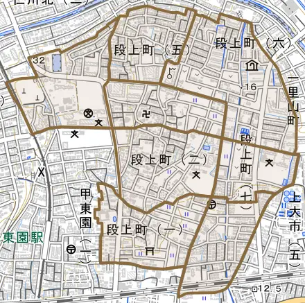 段上町とその周辺の地図。町の範囲を重ねている