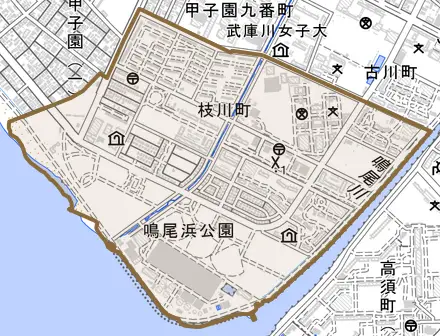 枝川町とその周辺の地図。町の範囲を重ねている