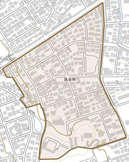 深谷町とその周辺の地図。町の範囲を重ねている