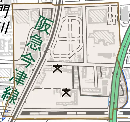 深津町とその周辺の地図。町の範囲を重ねている