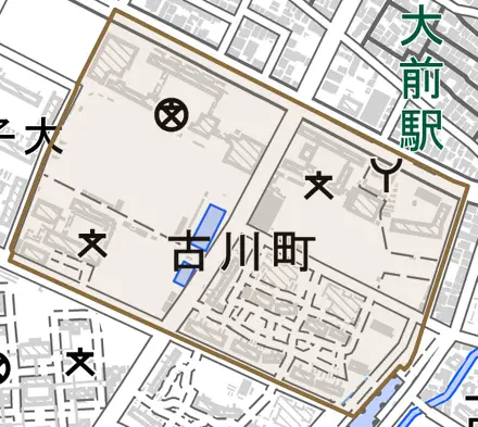 古川町とその周辺の地図。町の範囲を重ねている