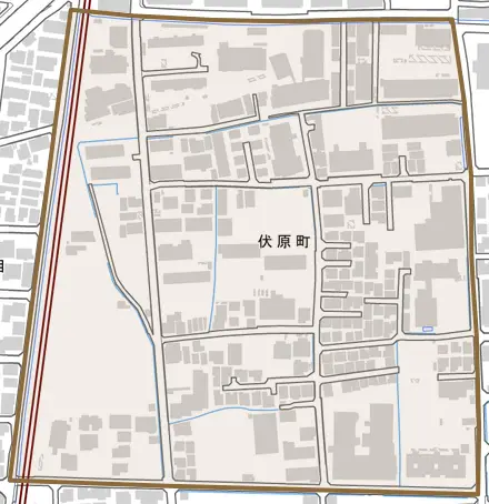 伏原町とその周辺の地図。町の範囲を重ねている