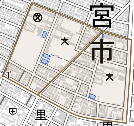 学文殿町とその周辺の地図。町の範囲を重ねている