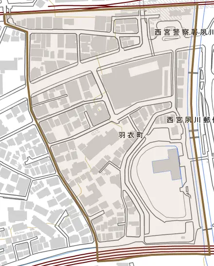 羽衣町とその周辺の地図。町の範囲を重ねている
