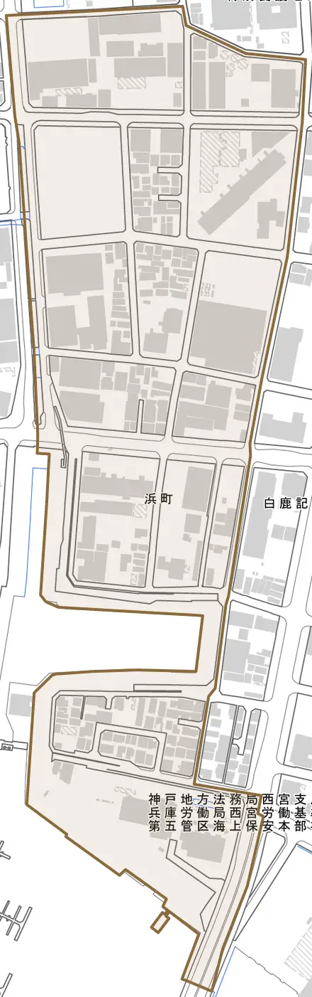 浜町とその周辺の地図。町の範囲を重ねている