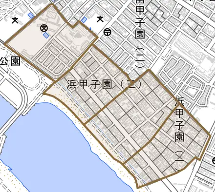 浜甲子園とその周辺の地図。町の範囲を重ねている