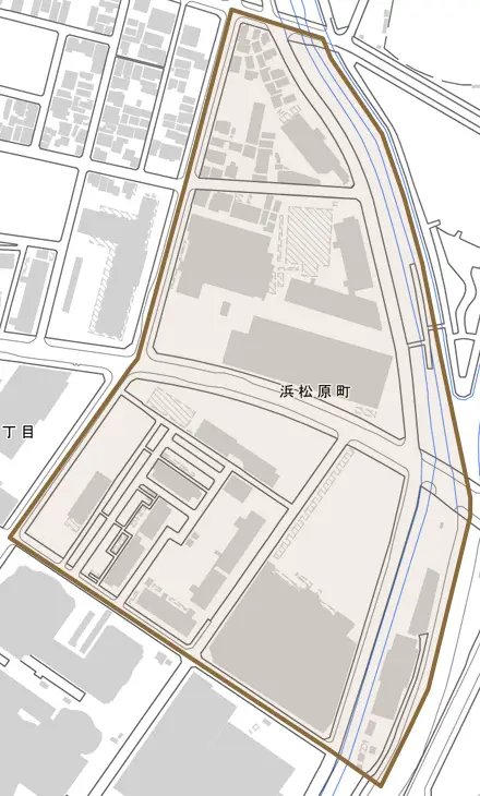浜松原町とその周辺の地図。町の範囲を重ねている