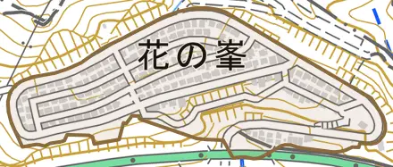 花の峯とその周辺の地図。町の範囲を重ねている