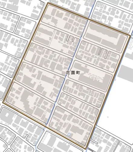 花園町とその周辺の地図。町の範囲を重ねている
