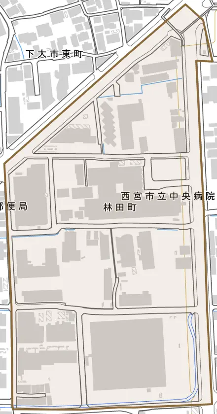 林田町とその周辺の地図。町の範囲を重ねている