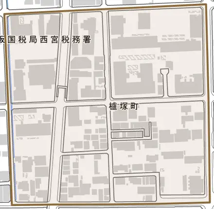 櫨塚町とその周辺の地図。町の範囲を重ねている