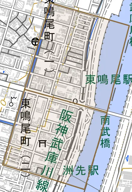 東鳴尾町とその周辺の地図。町の範囲を重ねている
