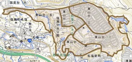 東山台とその周辺の地図。町の範囲を重ねている
