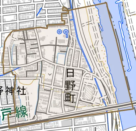 日野町とその周辺の地図。町の範囲を重ねている