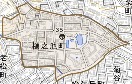樋之池町とその周辺の地図。町の範囲を重ねている