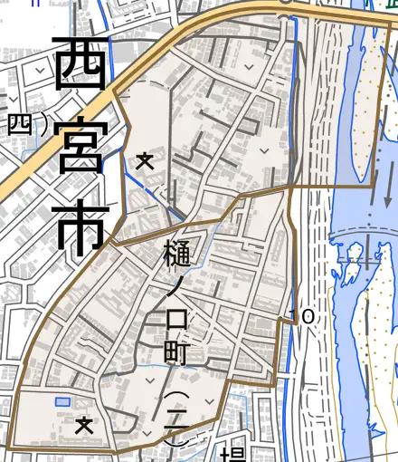 樋ノ口町とその周辺の地図。町の範囲を重ねている