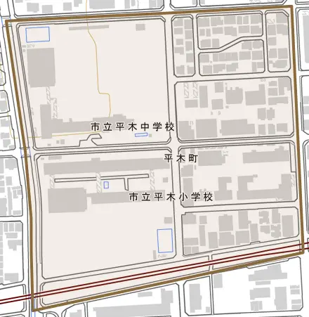 平木町とその周辺の地図。町の範囲を重ねている