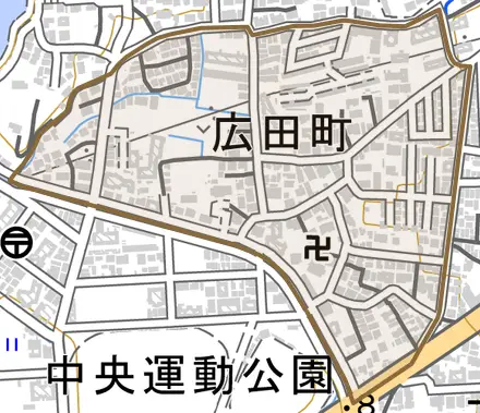 広田町とその周辺の地図。町の範囲を重ねている