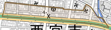 本町とその周辺の地図。町の範囲を重ねている
