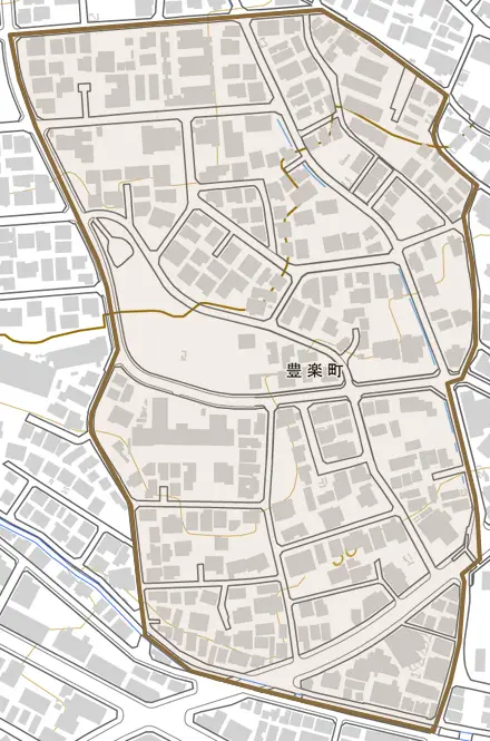 豊楽町とその周辺の地図。町の範囲を重ねている