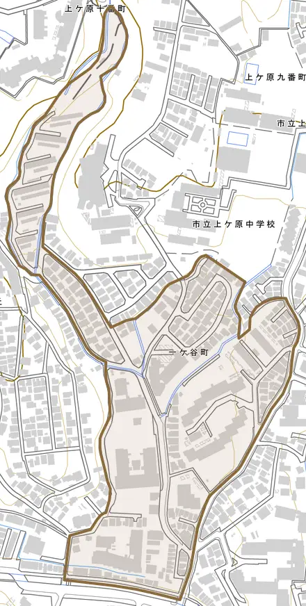 一ケ谷町とその周辺の地図。町の範囲を重ねている